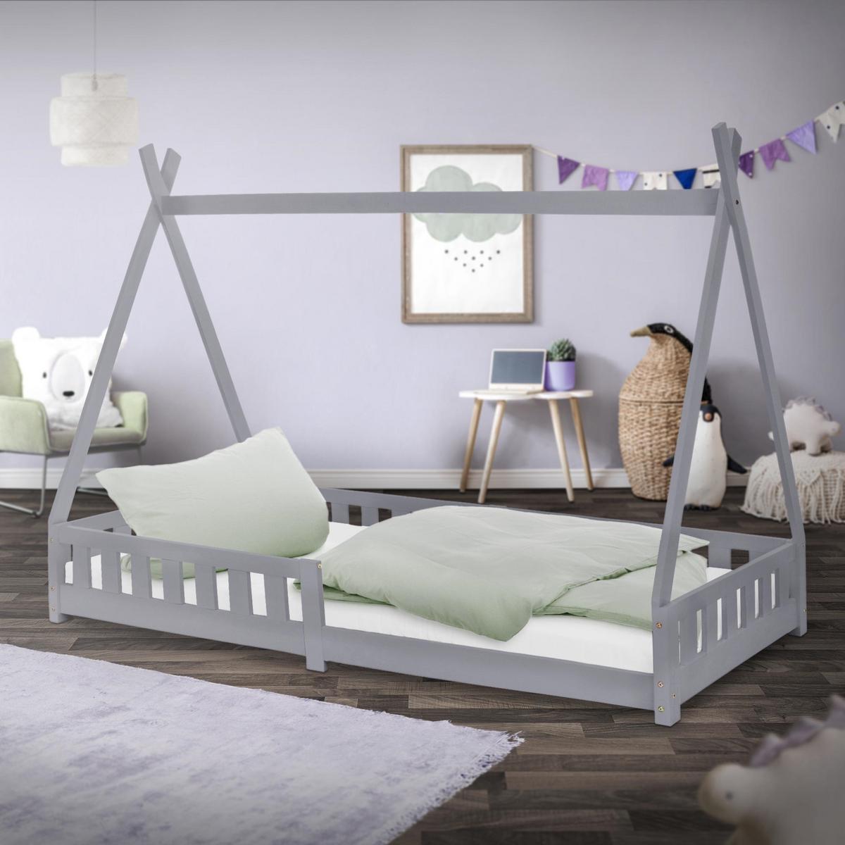 KINDERBETT Tipi mit Matratze 90x200 cm Hellgrau - Hellgrau, Holz (90/200cm) - ML-DESIGN