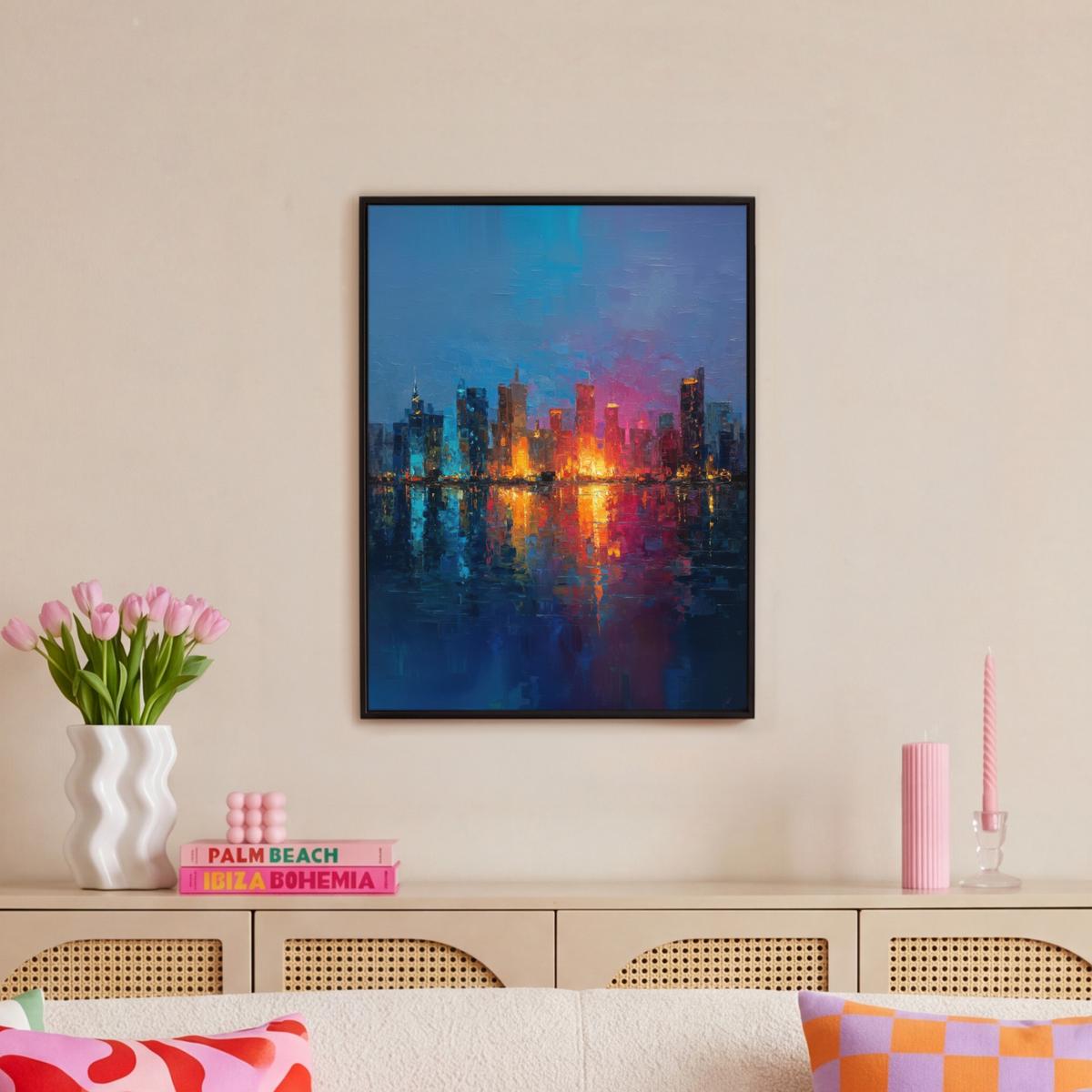 LEINWAND Bilder mit Rahmen - Skyline - Pinselstriche - Dunkelblau - Leuchtend - 60x80 - Blau, Textil (60/80cm) - MuchoWow
