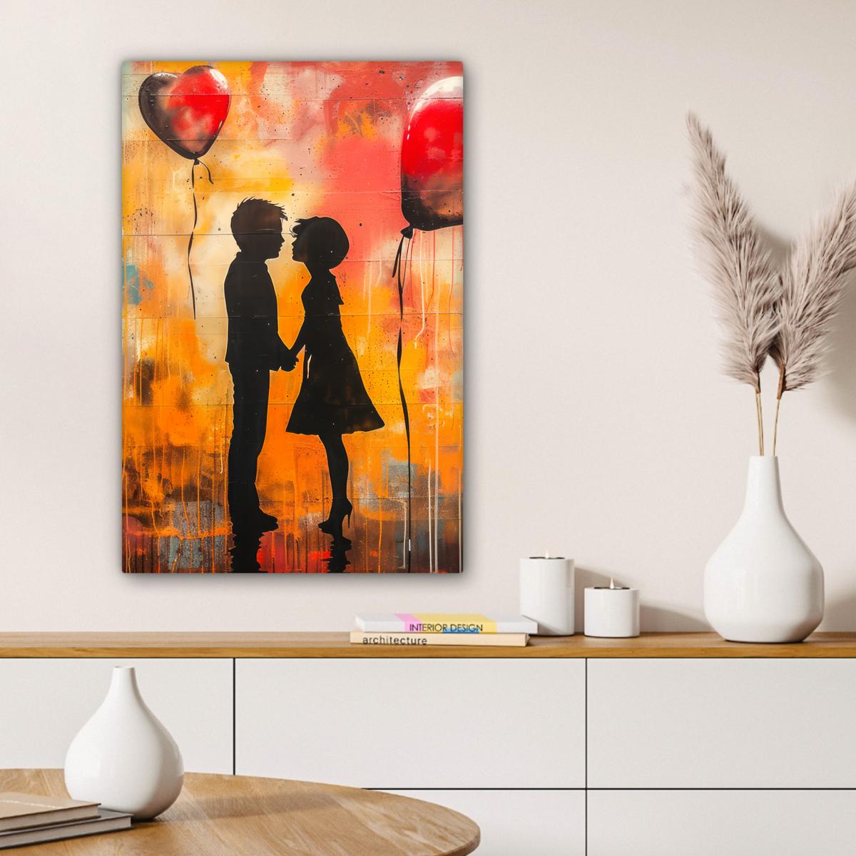 LEINWANDBILD Straßenkunst - Liebe - Graffiti - Kunst - Banksy Wanddeko 40x60 cm - Orange, Textil (40/60cm) - MuchoWow