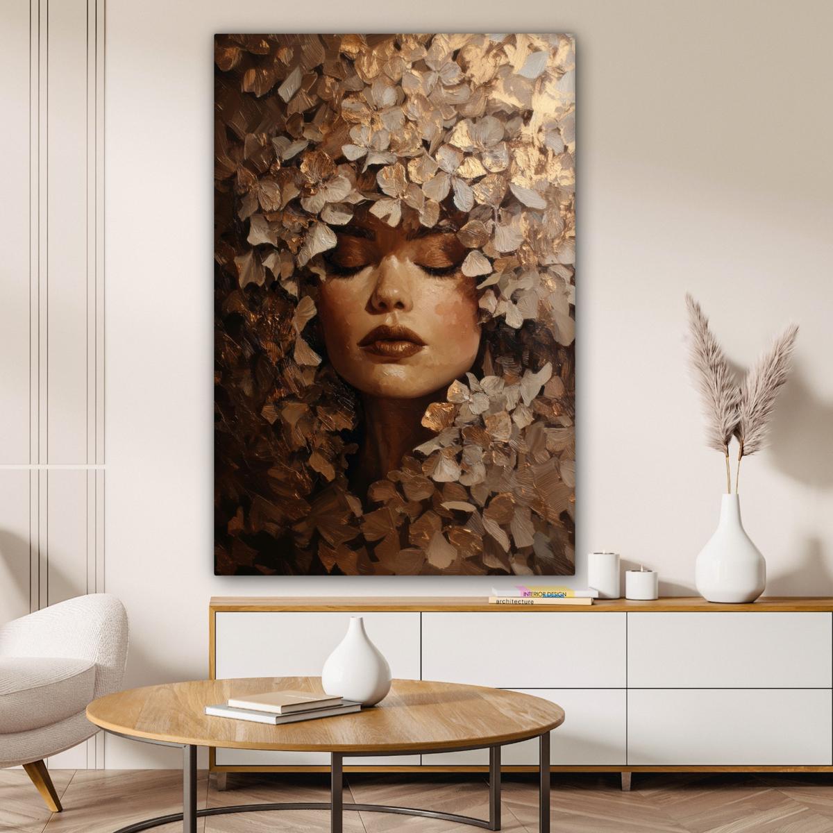 LEINWANDBILD Gesicht - Dame - Blätter - Pinselstriche Deko XXL 80x120 cm - Goldfarben, Textil (80/120cm) - MuchoWow