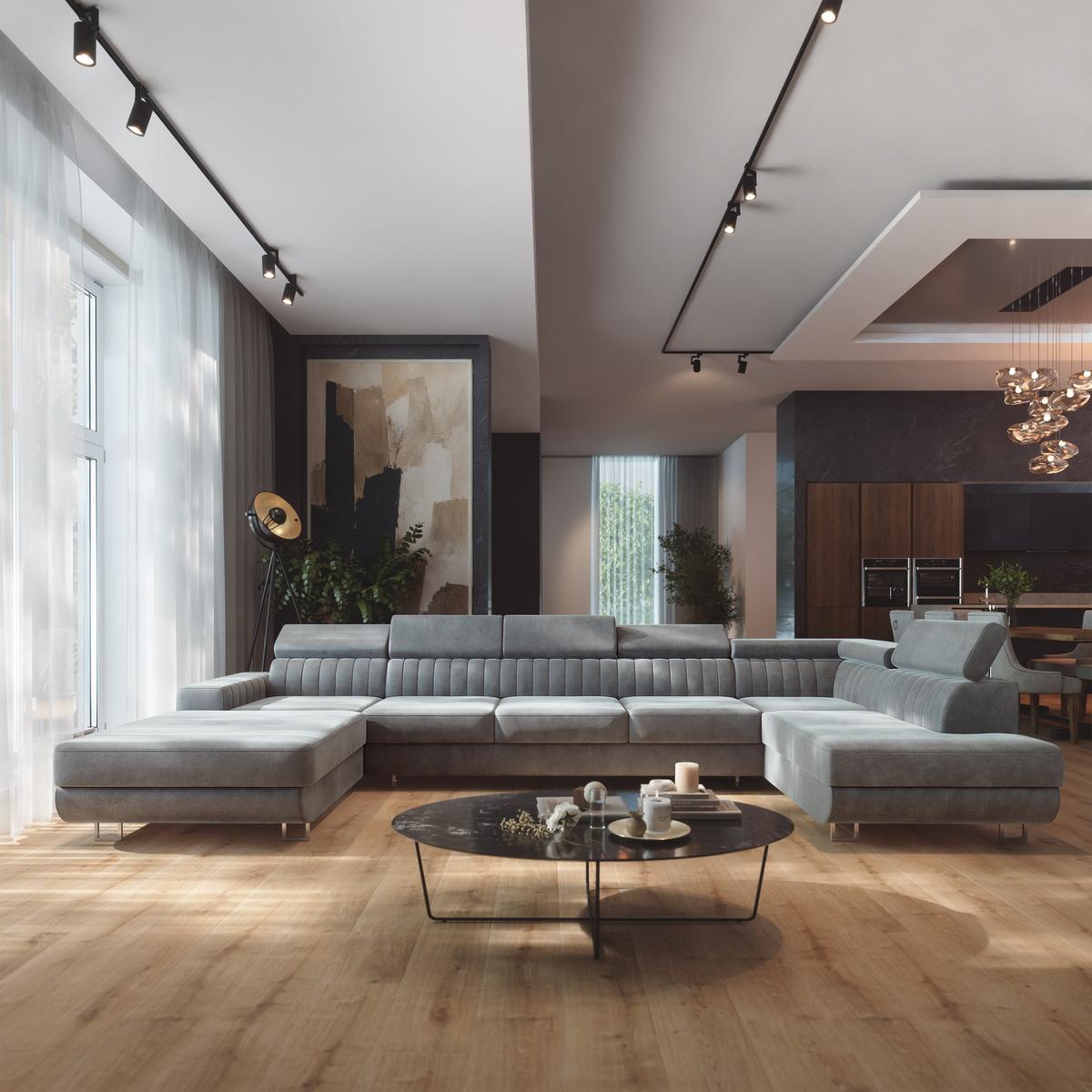 WOHNLANDSCHAFT GAIAN Hellgrau Velours-Stoff mit Schlaffunktion - Hellgrau, Holz (412/88/190cm) - MASSENO