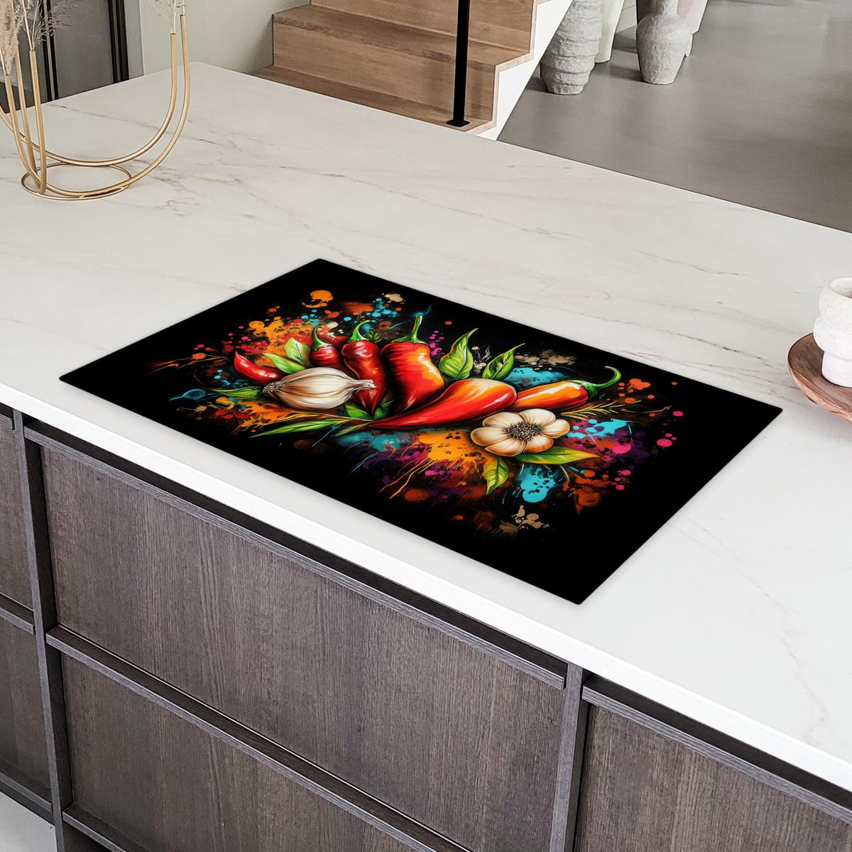 HERDABDECKPLATTE Gemüse - Paprika - Knoblauch - Graffiti - Farbe - Bunt Induktionsschutz 91.6x52.7 cm - Rot, Kunststoff (91.6/52.7/0.2cm) - MuchoWow