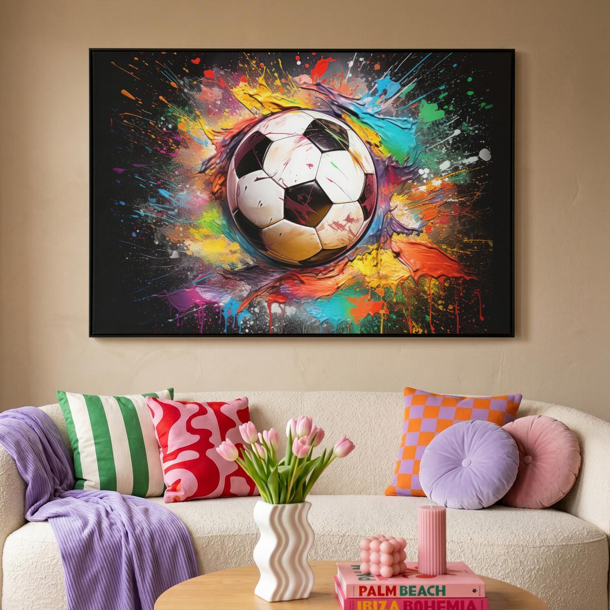 LEINWAND Bilder mit Rahmen - Fußball - Farbe - Farben - Schwarz - Weiß - 120x80 - Weiß, Textil (120/80cm) - MuchoWow