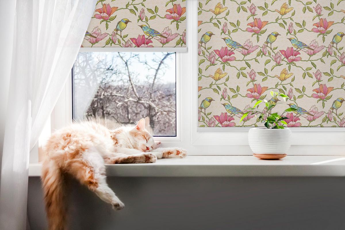 INNENROLLO - Fensterrollo - Rollo - 60x40 cm - Vögel auf Blumen - Grün, Kunststoff (60/140/0.5cm) - TULUP