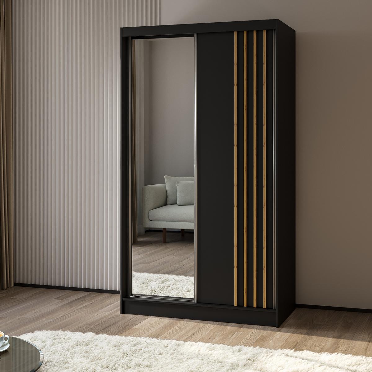 SCHWEBETÜRENSCHRANK NELVIA 120/216/61 cm 2-türig mit Spiegel Schwarz - Schwarz, Holzwerkstoff (120/216/61cm) - MASSENO