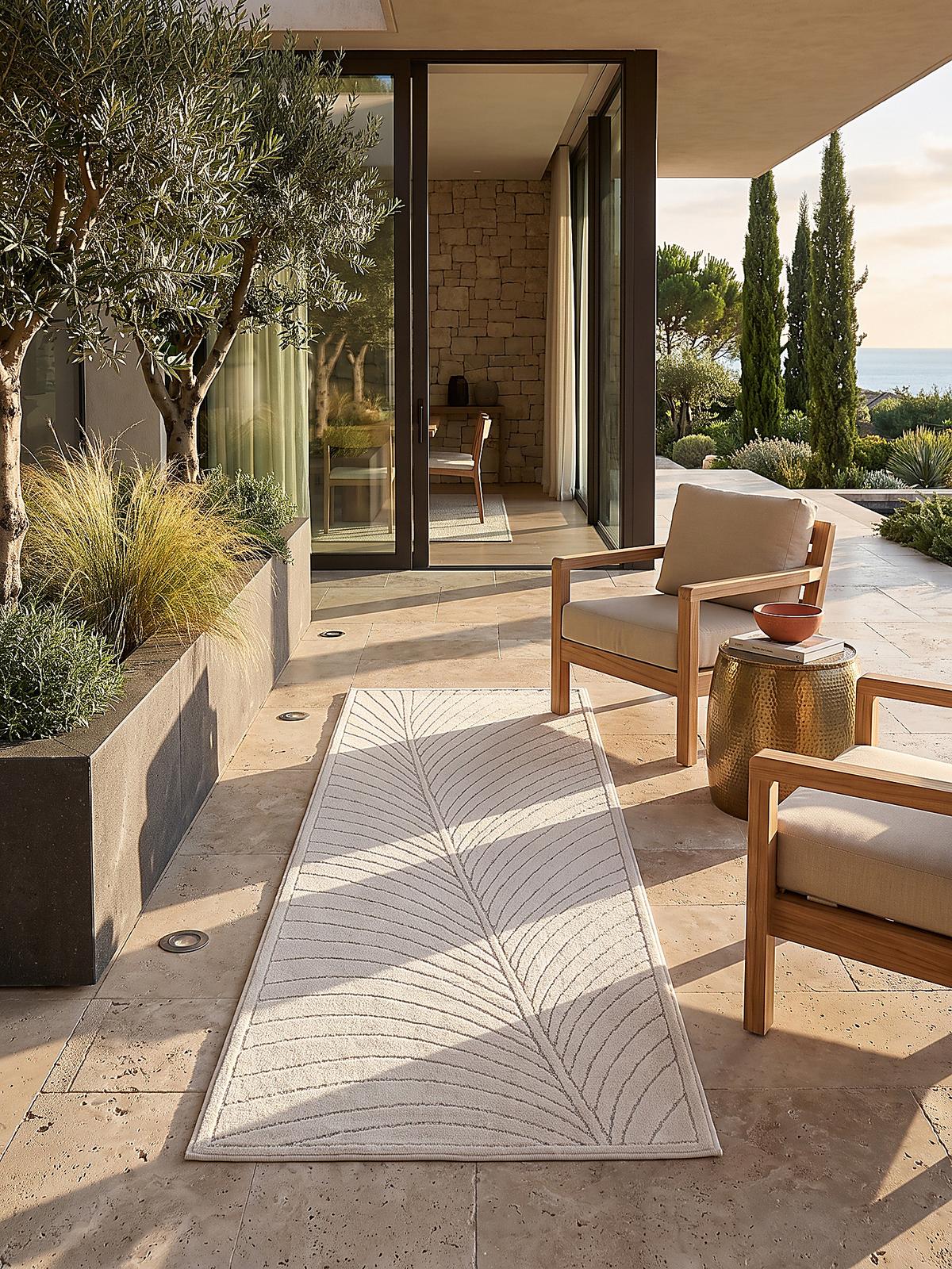 LÄUFER Outdoor, Fußbodenheizung-geeignet, mit Blattmotiv, aus Polypropylen, ENGADIN in Creme, 80 x 250 cm - Beige, Textil (80/250cm) - KADIMA DESIGN