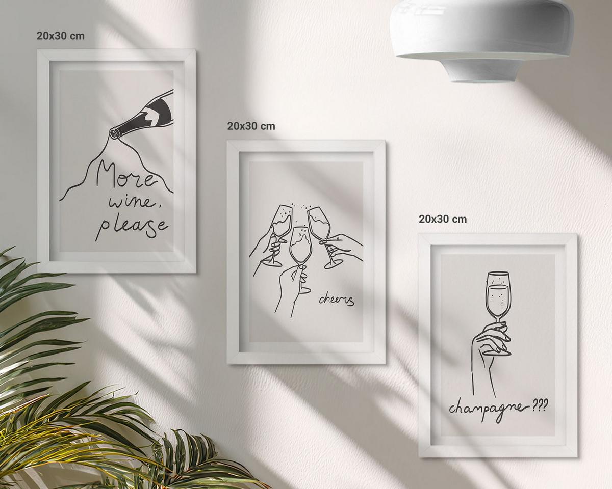 BILDER SET 3er Set - 20x30 cm Weißer Rahmen - Champagner-Wein-Linienzeichnung - Weiß, Kunststoff (20/30cm) - TULUP