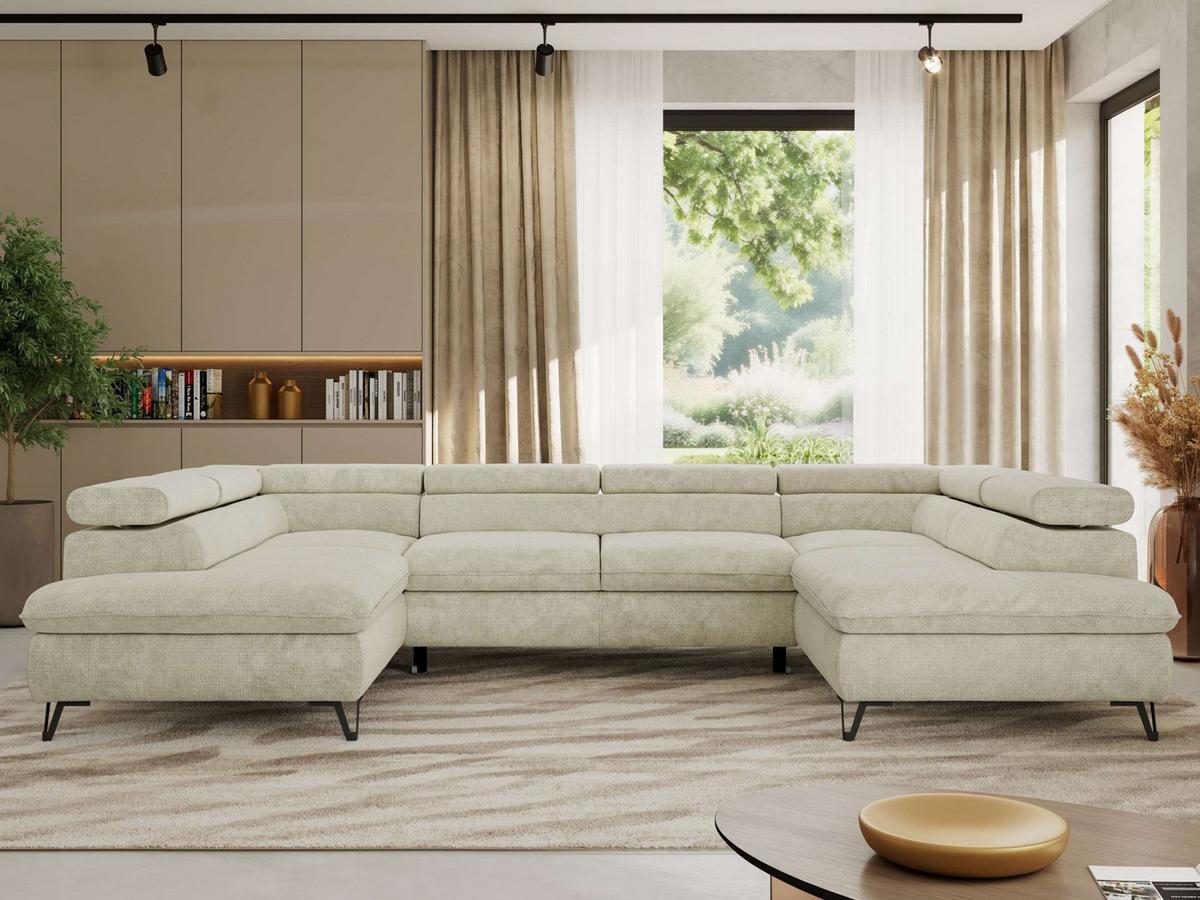 WOHNLANDSCHAFT PABLO U Schenille grob gewebt Creme - Creme/Schwarz, Textil/Metall (346/76/208cm) - MKS