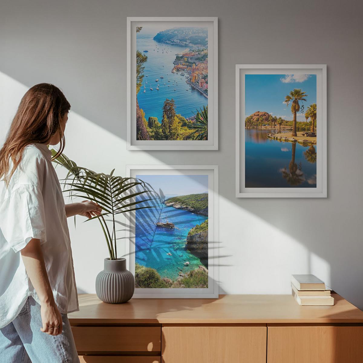 BILDER SET 3er Set - 40x60 cm Weißer Rahmen - Palmen am Meer, blaues Wasser - Weiß, Kunststoff (40/60cm) - TULUP