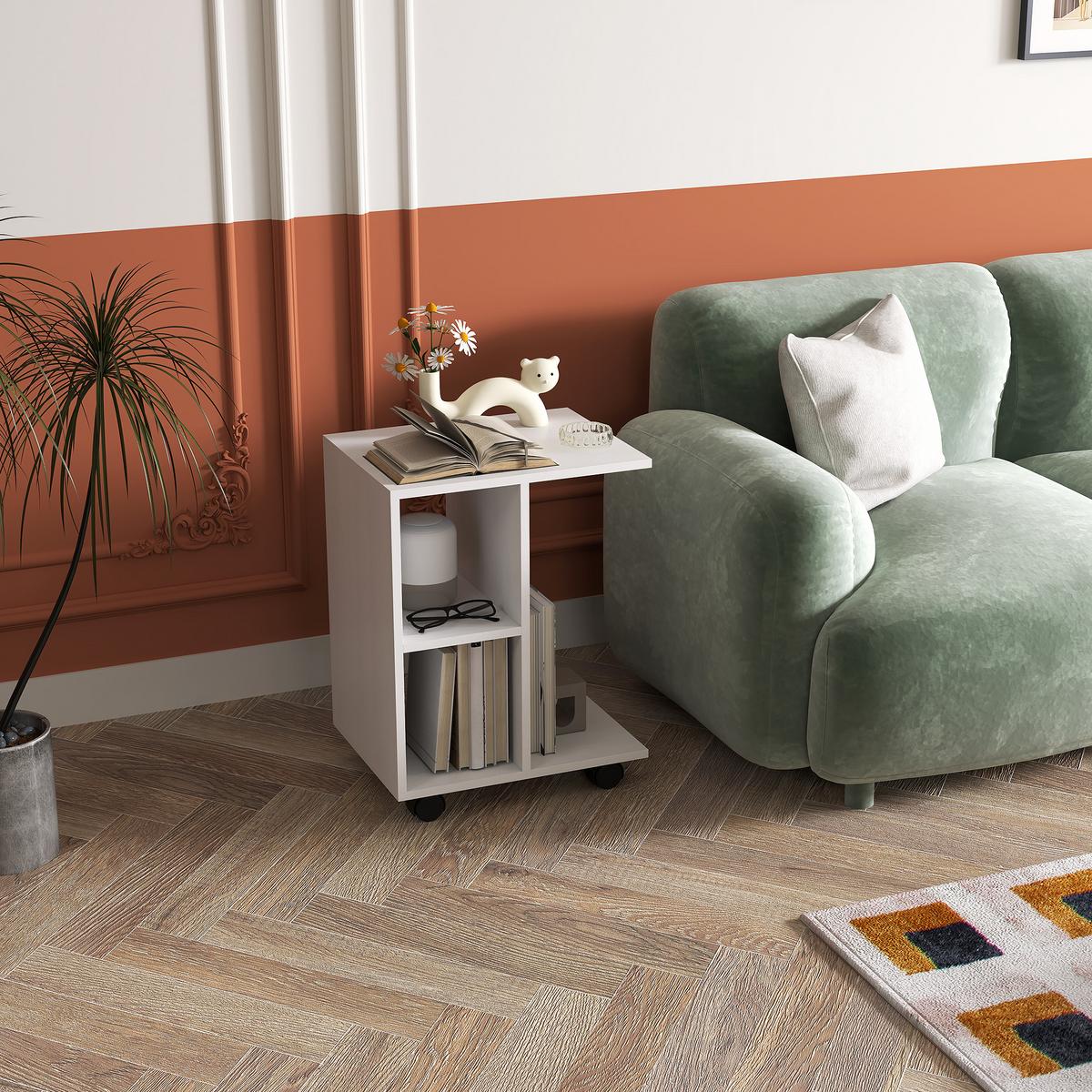BEISTELLTISCH in C-Form, Couchtisch mit Rollen, 45 x 35 x 58 cm, Weiß - Weiß, Holzwerkstoff (45/35/58cm) - HOMCOM