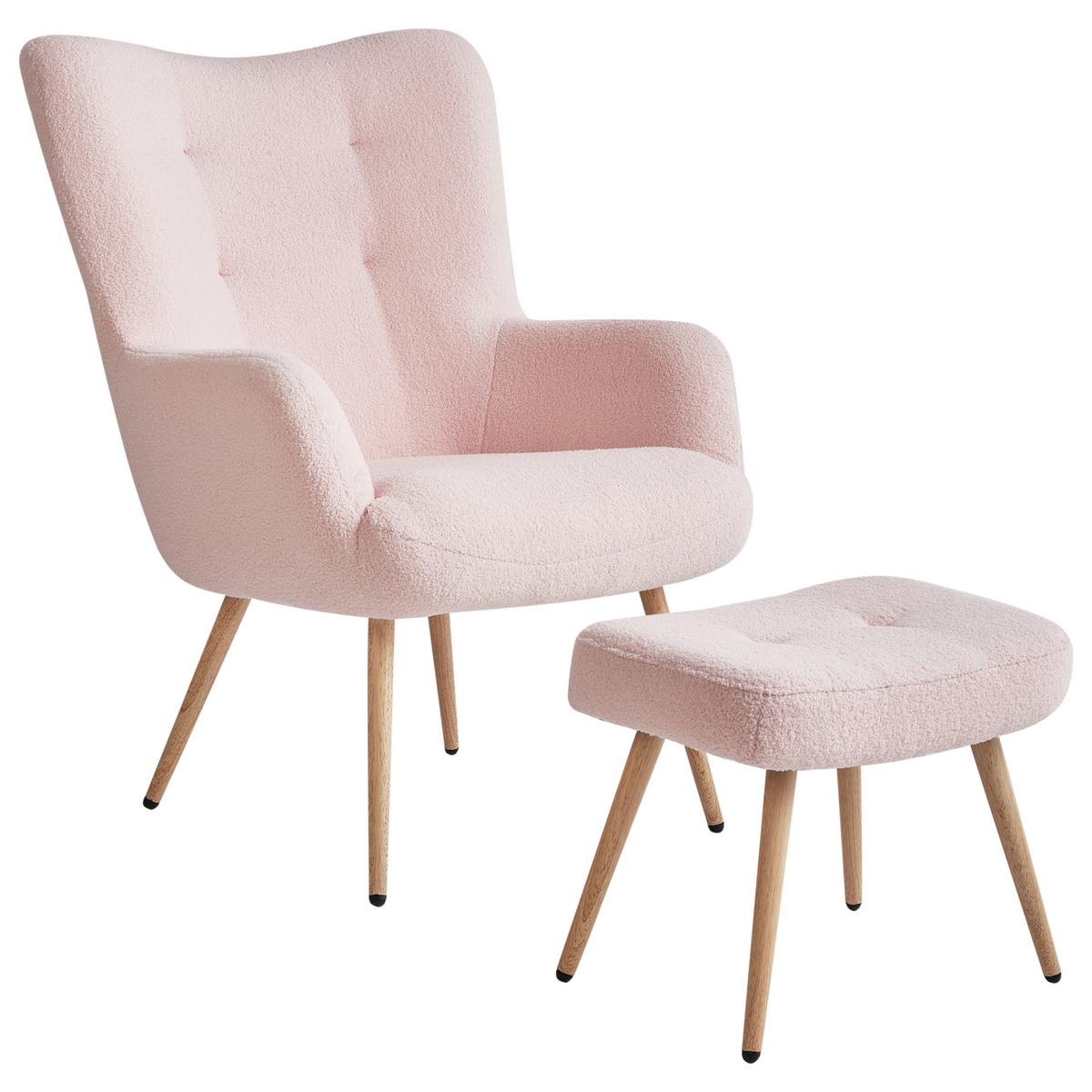 OHRENSESSEL mit Fußstütze Bouclé Pastellrosa Vejle - Pink, Textil (67/95/70cm) - Beliani