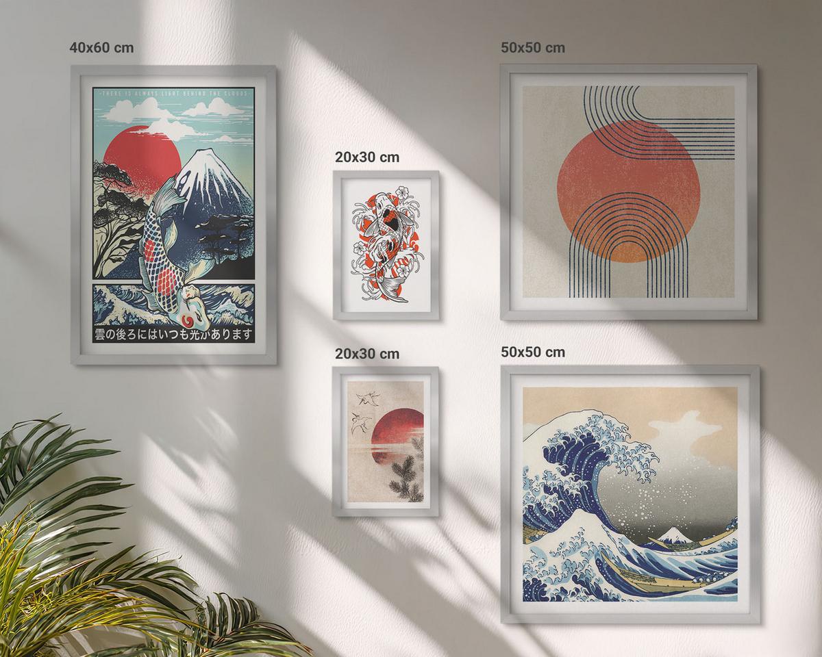 BILDER SET 5er Set - 50x50 cm & 20x30 cm & 40x60 cm Silberner Rahmen - Illustrationen von Fischbergen, die sich in Japan ausbreiten - Silberfarben, Kunststoff (40/60cm) - TULUP