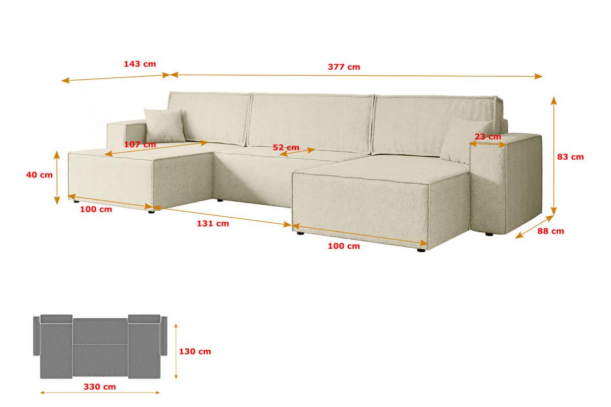 WOHNLANDSCHAFT mit Schlaffunktion und Bettkasten CELTIC-XLU - 377x143x83 cm Beige Bouclé - Beige/Schwarz, Holzwerkstoff/Kunststoff (377/83/143cm) - ALTDECOR