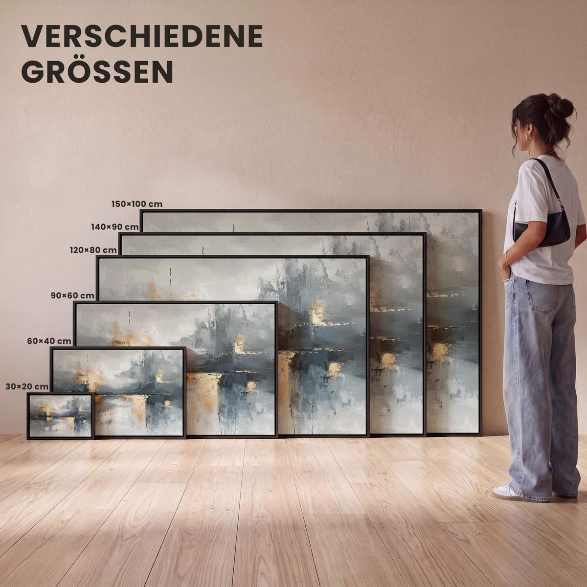 LEINWAND Bilder mit Rahmen - Kunst - Grau - Gold - Abstrakt - 90x60 - Dunkelgrau, Textil (90/60cm) - MuchoWow