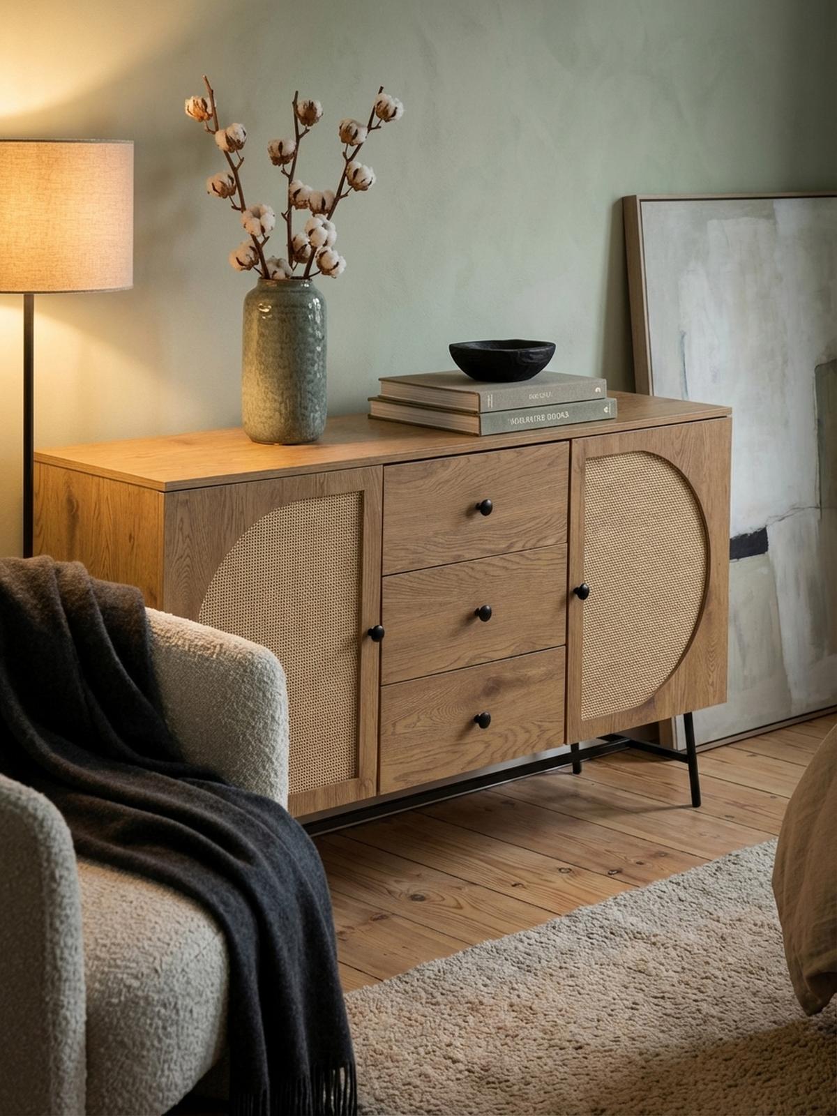 SIDEBOARD – Eiche-Dekor/Rattan, 140x80x40 cm, 2 Türen, 3 Schubladen, hoch - Schwarz/Braun, Holzwerkstoff/Metall (140/80/40cm) - KADIMA DESIGN