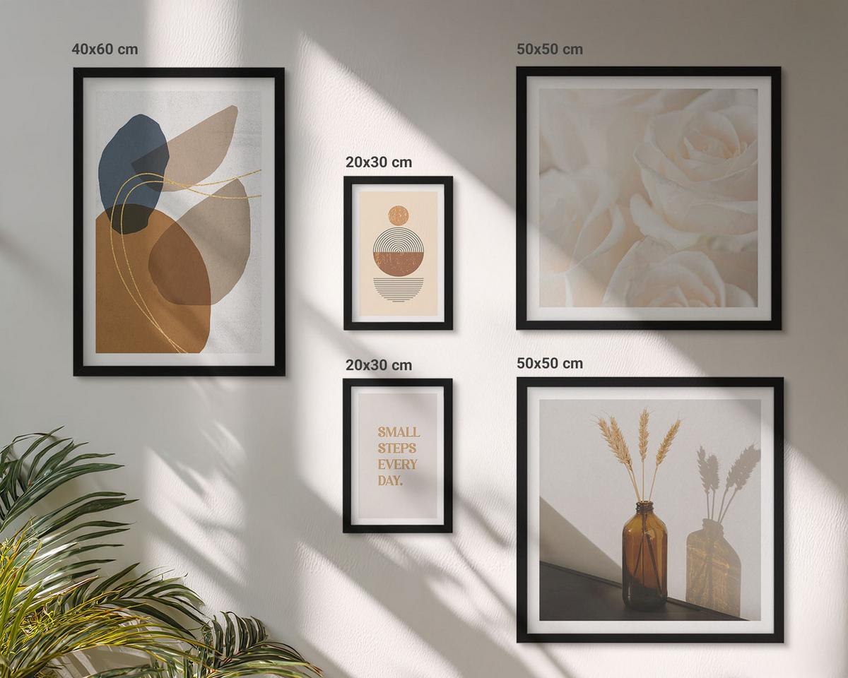 BILDER SET 5er Set - 50x50 cm & 20x30 cm & 40x60 cm Schwarzer Rahmen - Abstrakte Formen Akzente - Schwarz, Kunststoff (40/60cm) - TULUP
