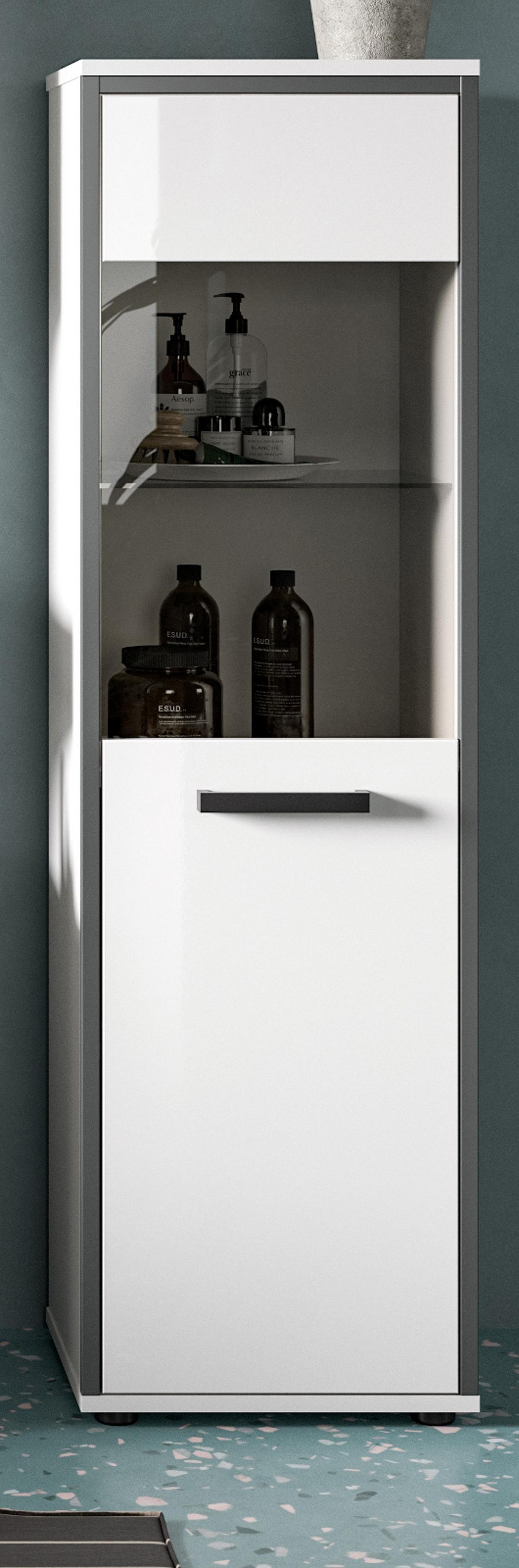 MIDISCHRANK weiß Hochglanz, grau 40 x 139 cm, Badkommode mit wechselbaren Türanschlag - Weiß Hochglanz/Schwarz, Glas/Holzwerkstoff (40/139/34cm) - Inn.Furn