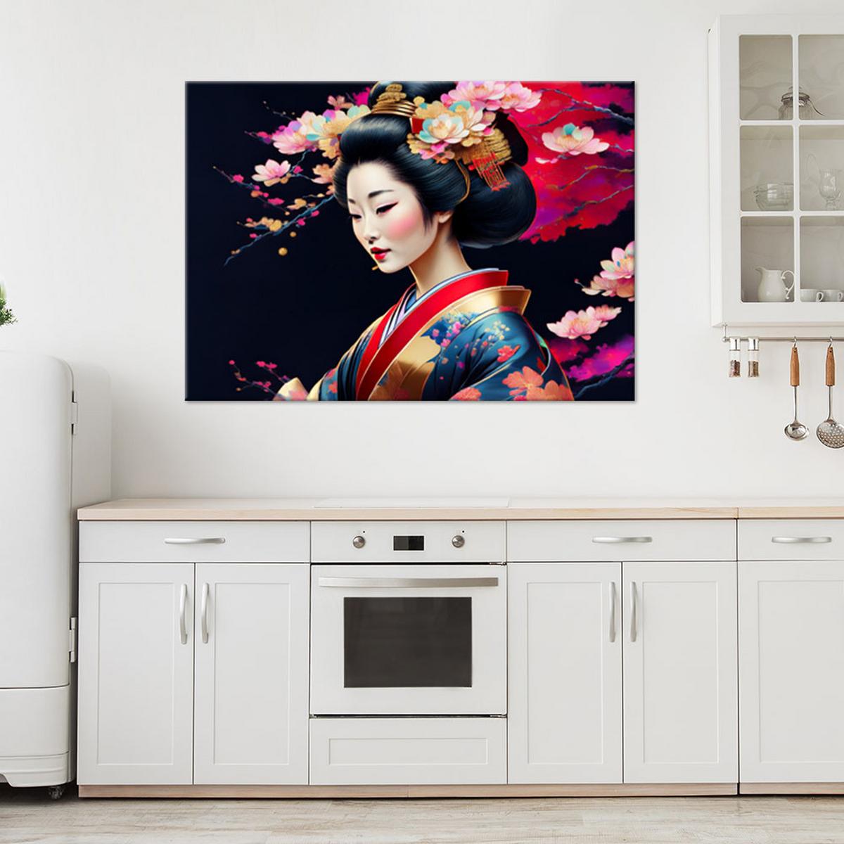 LEINWANDBILD Japanische Geisha bunt 90x60cm - Pink, Textil (90/60cm) - Feeby