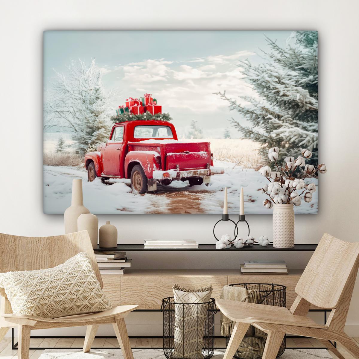 LEINWANDBILD Auto - Rot - Geschenke - Winter - Schnee - Weihnachten Groß 140x90 cm - Rot, Textil (140/90cm) - MuchoWow