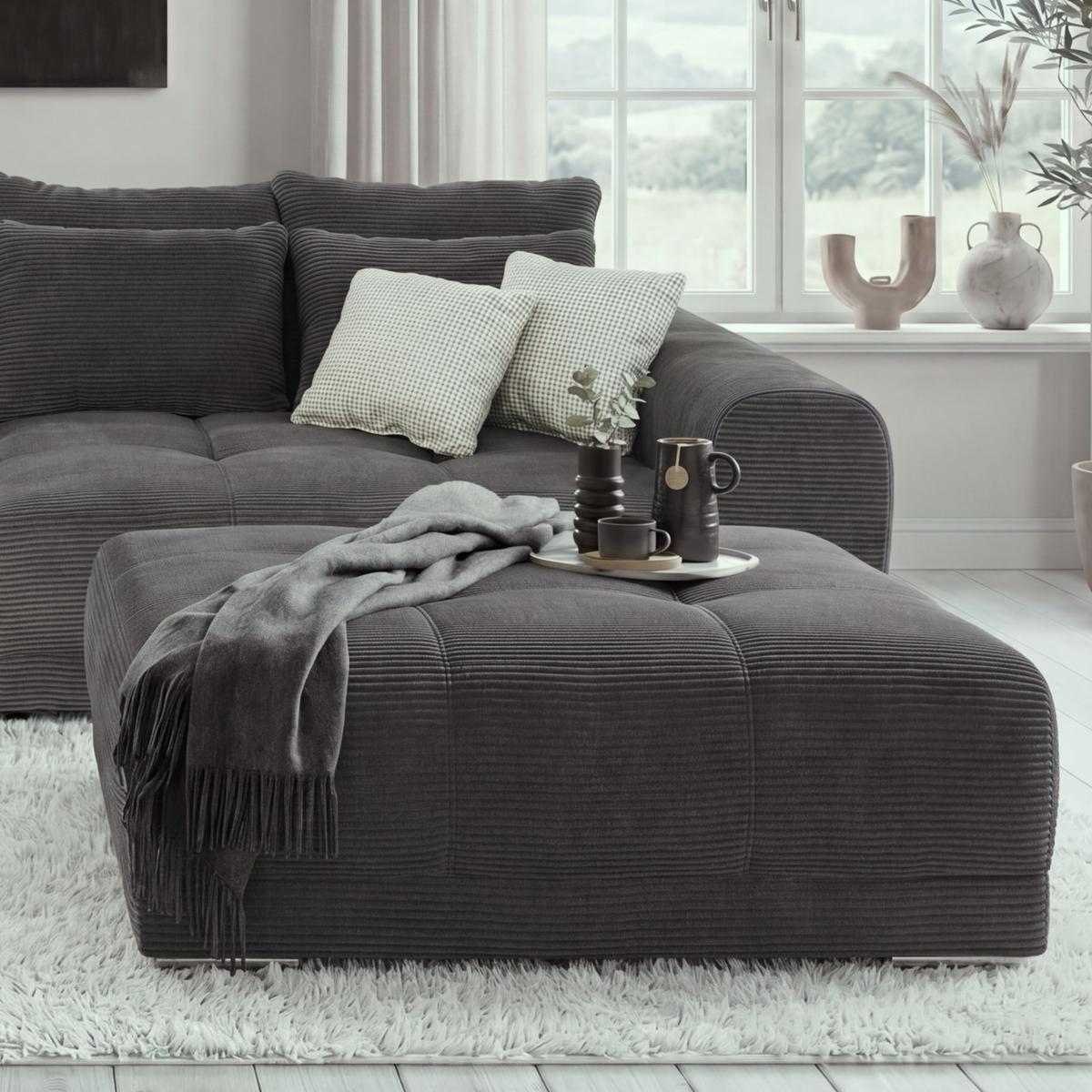 POLSTERHOCKER XXL Federkern B120/T120/H39 cm (passend zum BIG-SOFA) Cord Dunkelgrau / 15175 - Chromfarben/Schieferfarben, Textil/Metall (120/39/120cm) - luma-home