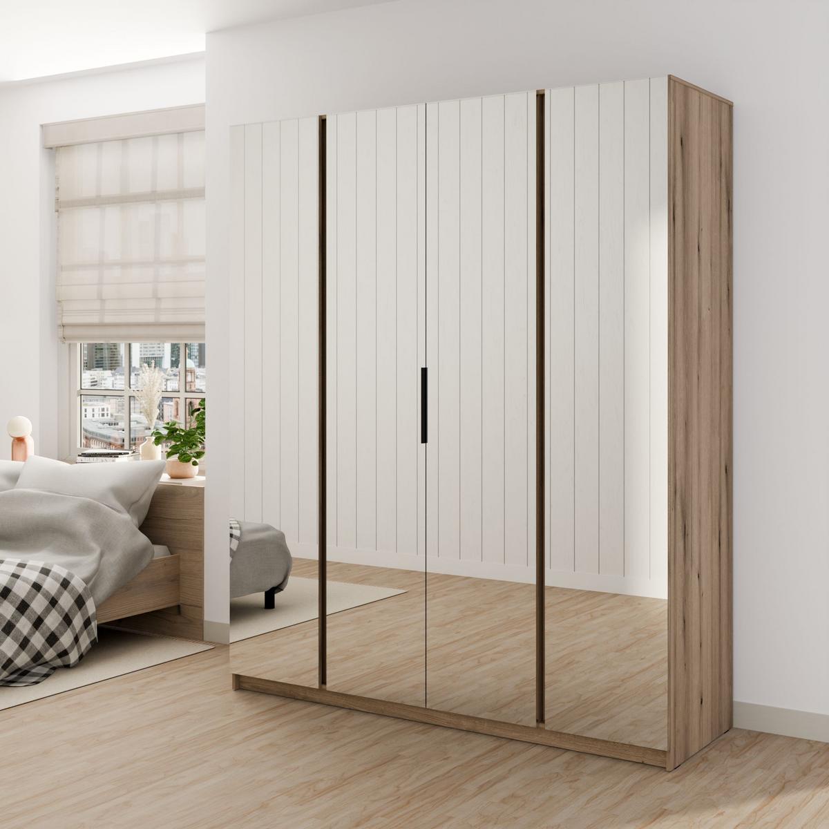 DREHTÜRENSCHRANK CAGLIARI 200/239/61,9cm 4-türig mit Spiegel Goldfarben - Goldfarben/Schwarz, Holzwerkstoff (200/239/61.9cm) - MASSENO