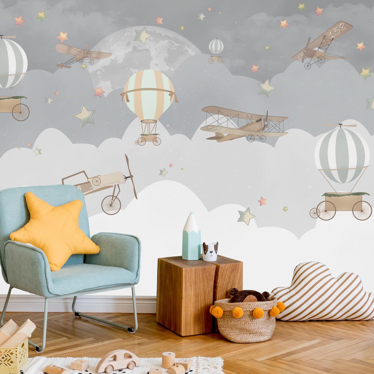 FOTOTAPETE für Kinderzimmer Ballons Wolken Flugzeug Himmel Sterne 500x350 - Multicolor, Papier (500/350cm) - Muralo