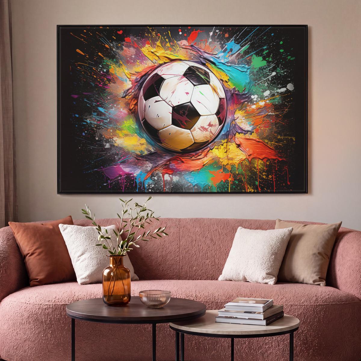 LEINWAND Bilder mit Rahmen - Fußball - Farbe - Farben - Schwarz - Weiß - 120x80 - Weiß, Textil (120/80cm) - MuchoWow