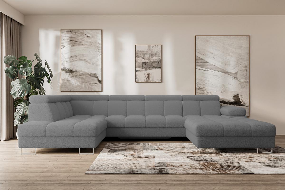WOHNLANDSCHAFT mit Schlaffunktion und Bettkasten Ottomane Links COMA U 345x203x79 Grau Bouclé - Chromfarben, Holzwerkstoff/Textil (345/79/203cm) - ALTDECOR