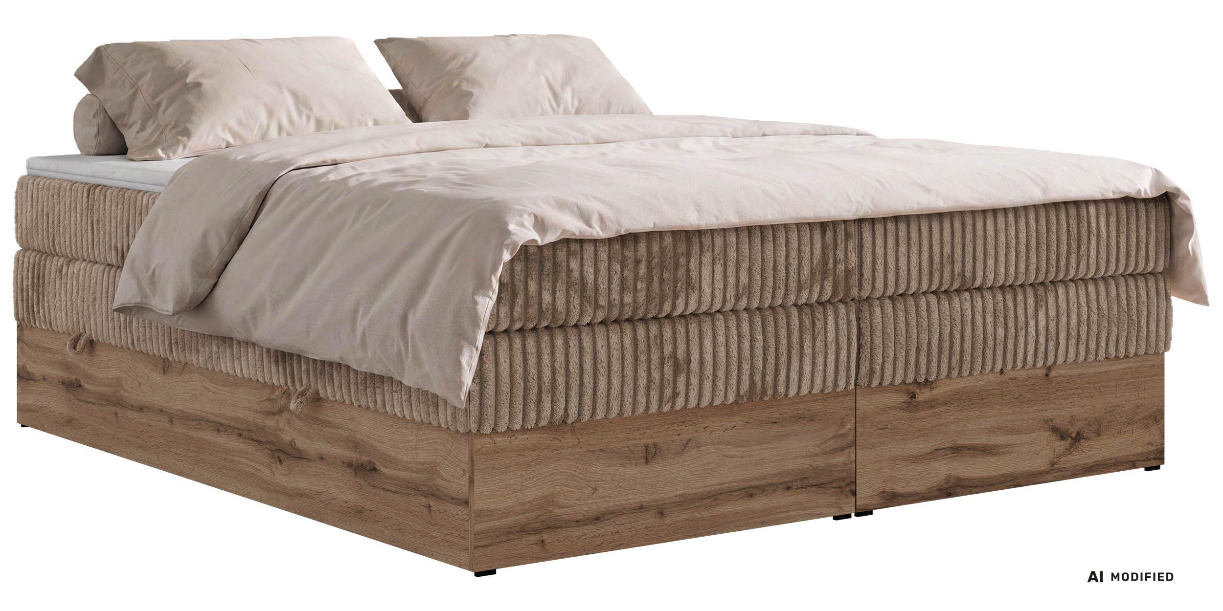 BOXSPRINGBETT WOOD ZERO KING 180/200 - Braun Cord - Topper T25 - H3 - Schwarz/Braun, Kunststoff/Textil (180/200cm) - MKS