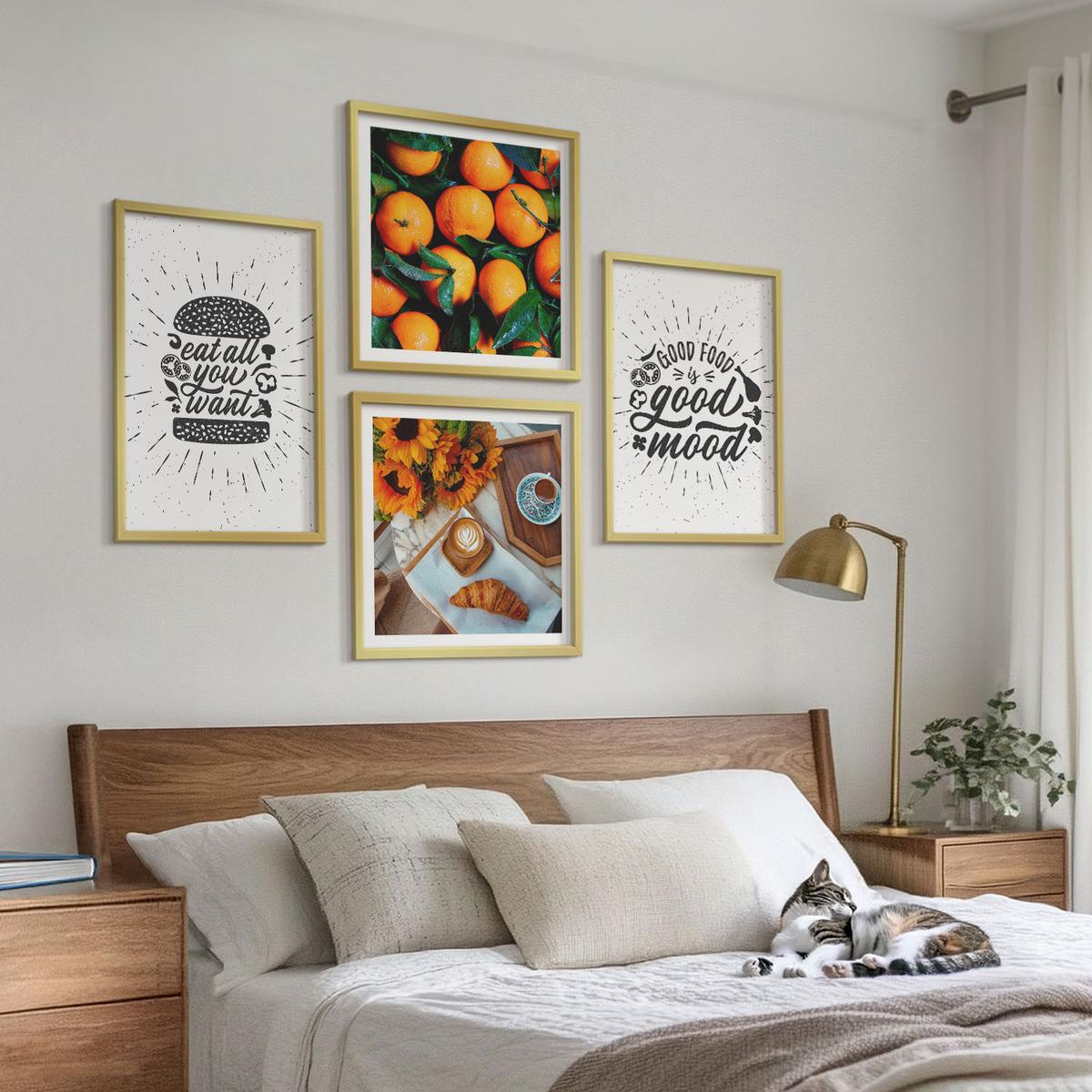 BILDER SET 4er Set - 50x50 cm & 40x60 cm Goldrahmen - Juicy Oranges Kitchen - Goldfarben, Kunststoff (50/50cm) - TULUP