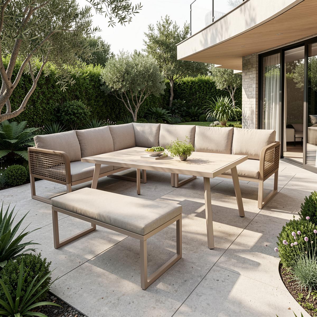 LOUNGEGARNITUR PE-Rattan Beige Ecksofa mit Tisch & Bank - Beige, Metall - Urban Meuble