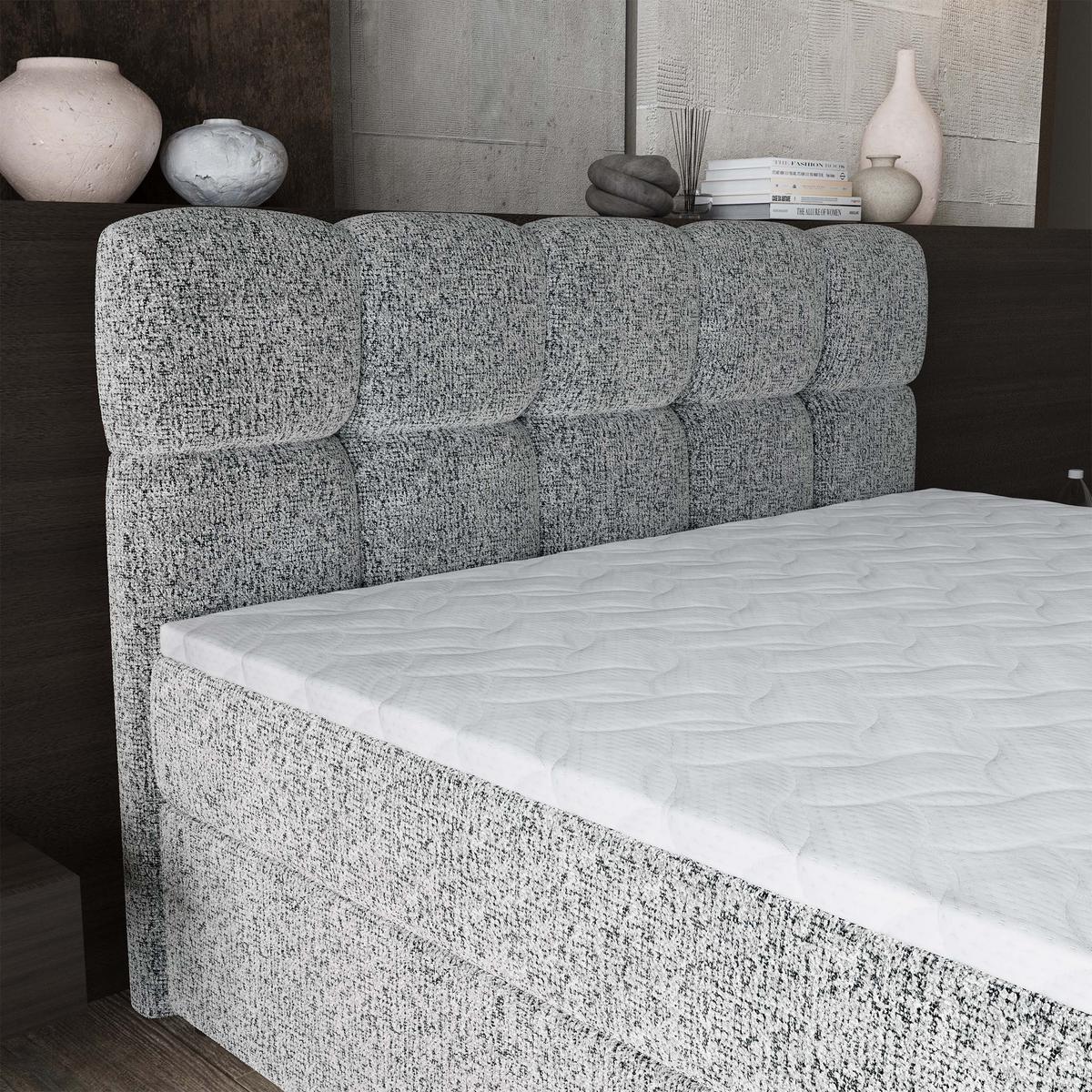 BOXBETT BRUME 160x200 cm mit Matratze und Topper, H2+H3 - Hellgrau - Hellgrau, Holz (160/200cm) - MASSENO