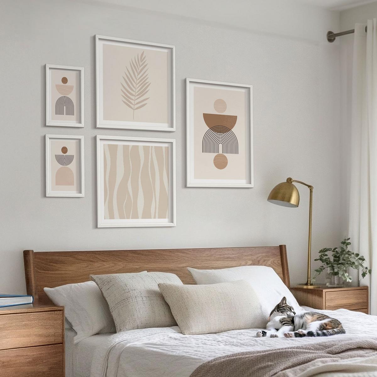 BILDER SET 5er Set - 50x50 cm & 20x30 cm & 40x60 cm Weißer Rahmen - Abstrakte Formen braun beige - Weiß, Kunststoff (40/60cm) - TULUP