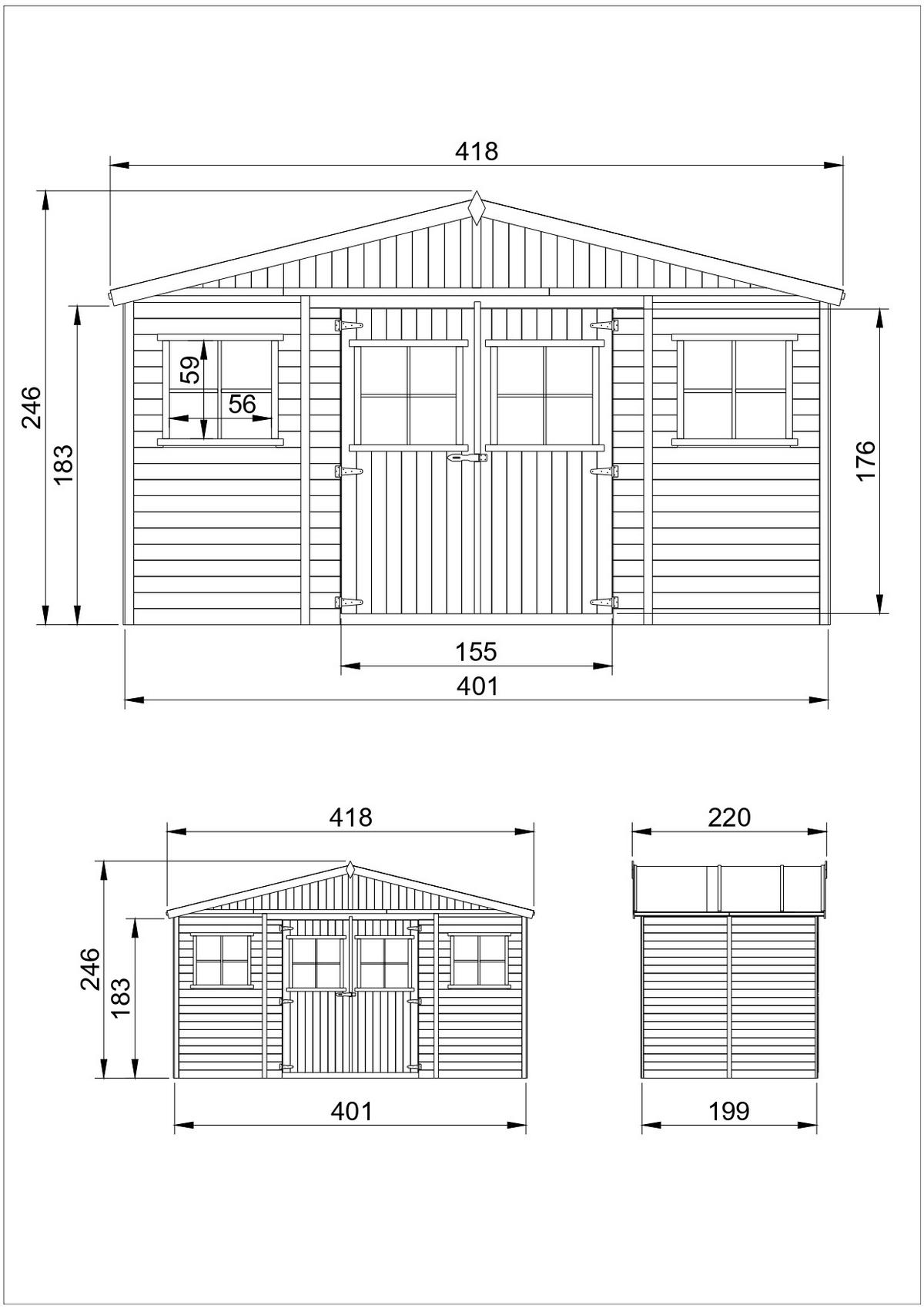 HOLZ-GARTENHAUS - H246 x 418 x 220 cm/ 8 m² - M332 - Beige, Holz (418/246/199cm) - Timbela