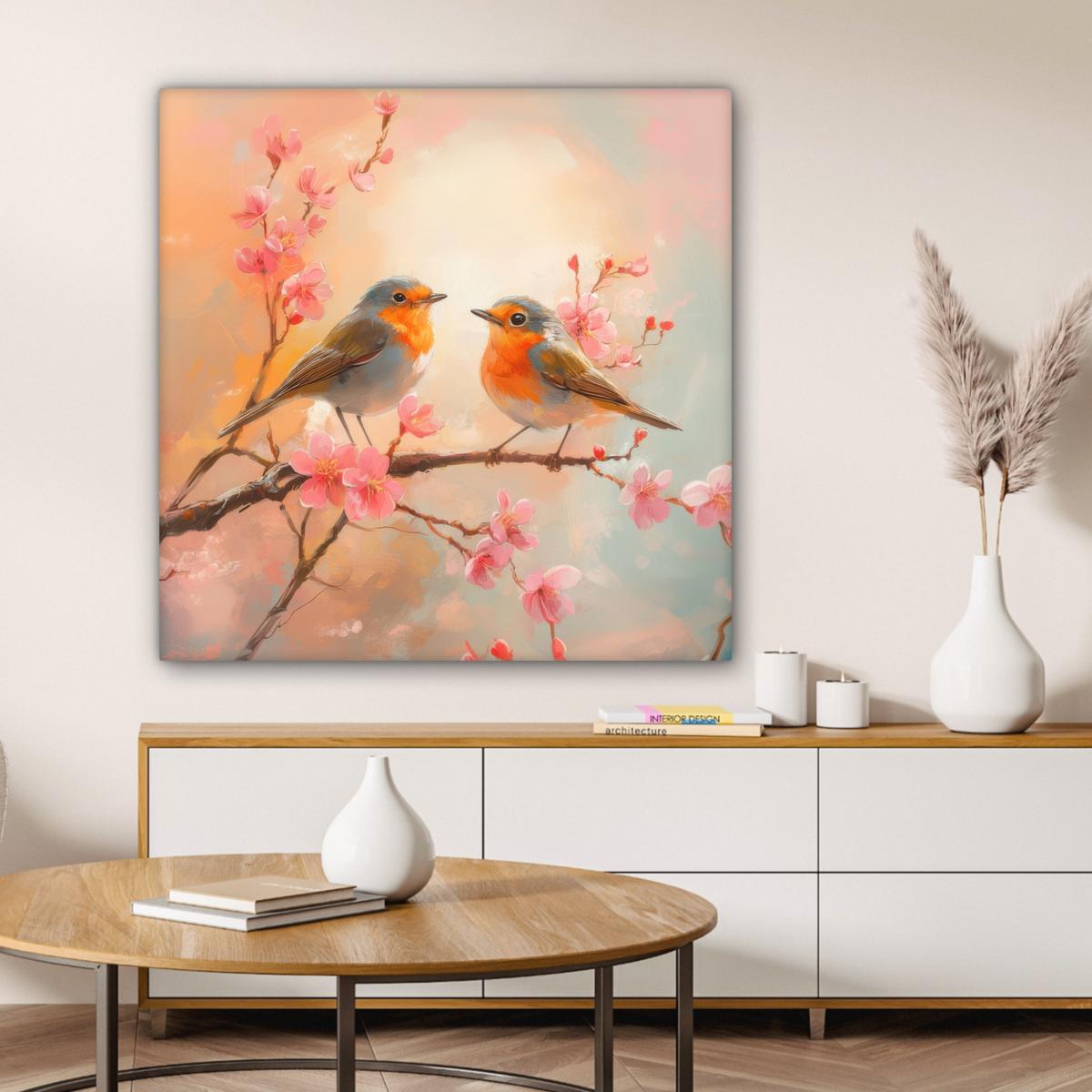 LEINWANDBILD Rotkehlchen - Zierpflanze - Blütenzweig Deko Groß 90x90 cm - Hellrosa, Textil (90/90cm) - MuchoWow