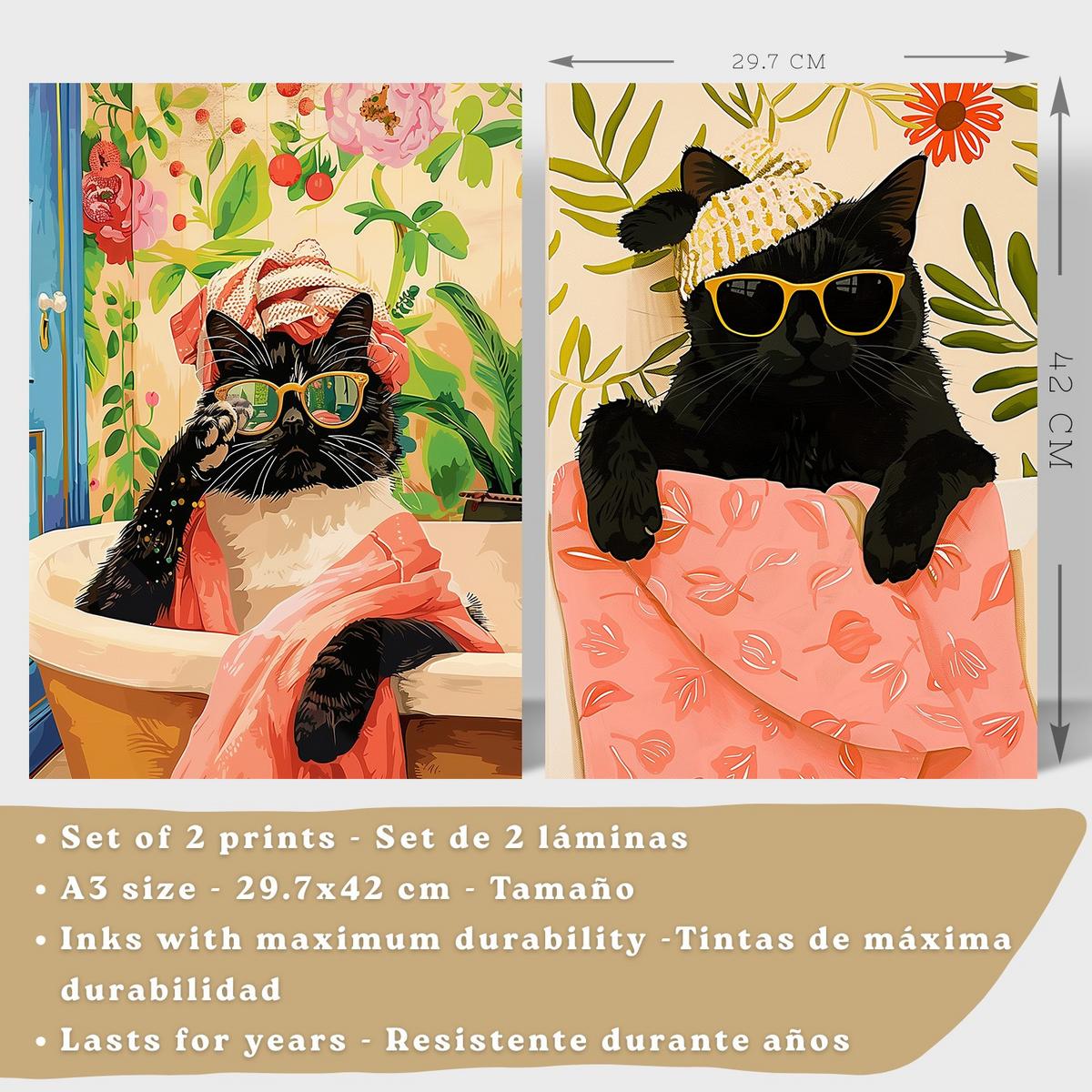 POSTER 2er Kunstdruck-Set Wandbilder Katzen Badezimmer modern Wohnzimmer Deko, Schlafzimmer, Küche Leichter Holzrahmen A3 - Beige, Papier (29.7/1/42cm) - Nacnic