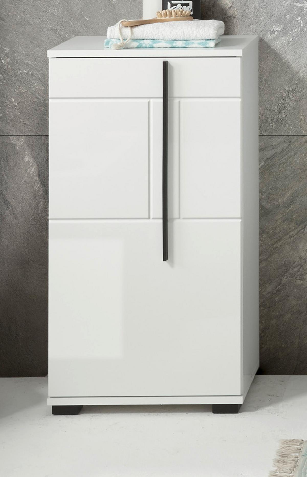 BAD-KOMMODE weiß Hochglanz, Badschrank Unterschrank, 45 x 87 cm - Weiß Hochglanz/Schwarz, Holzwerkstoff/Kunststoff (45/88/35cm) - Furn.Design