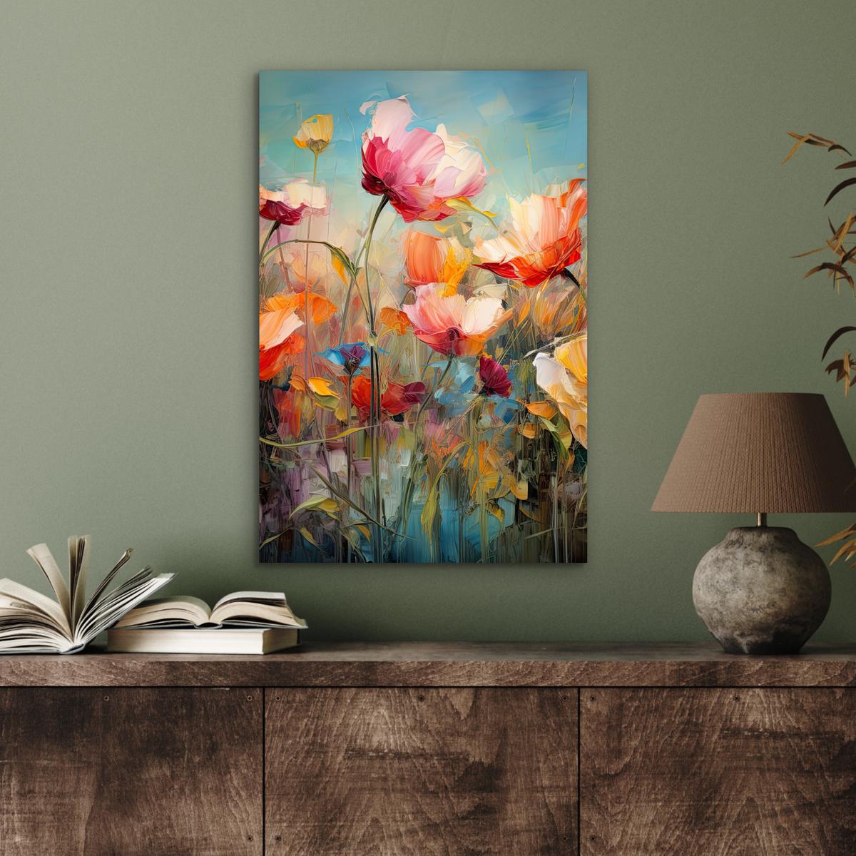 METALLBILD Blumen - Aquarell - Kunst - Botanisch - Natur Deko Schlafzimmer 40x60 cm - Orange, Metall (40/60cm) - MuchoWow