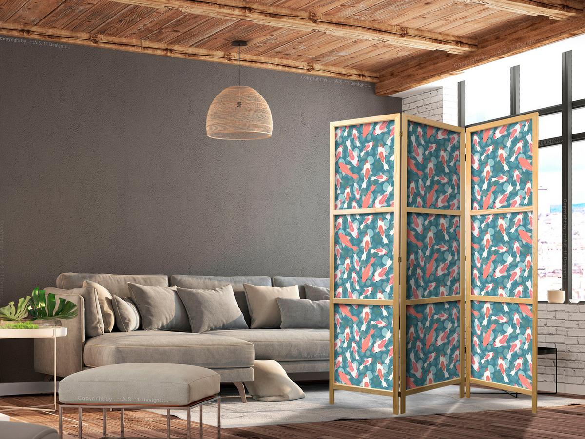 PARAVENT Japanischer 3-tlg 135x172 cm Bunte Fische - Blau, Holz/Textil (135/172/3cm) - Muralo