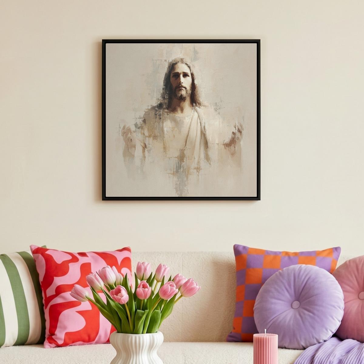 LEINWAND Bilder mit Rahmen - Porträt - Abstrakt - Jesus - Beige - 50x50 - Beige, Textil (50/50cm) - MuchoWow