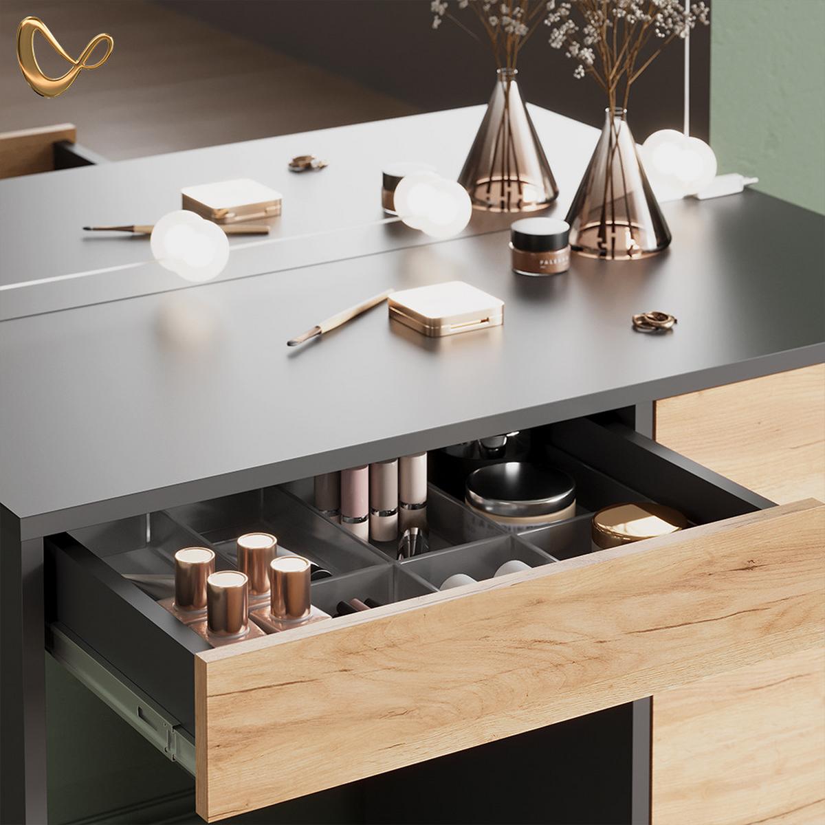 SCHMINKTISCH Imola Anthrazit/Goldkraft Eiche 90 cm mit Hocker - Honigeiche/Anthrazit, Holzwerkstoff (90/75/55cm) - Livinity®