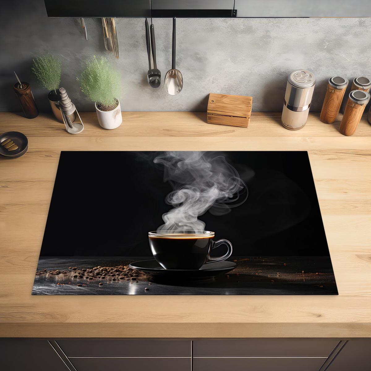 HERDABDECKPLATTE Kaffee - Schwarz - Bohnen - Heiß - Tasse Induktionsmatte 77x51 cm - Schwarz, Kunststoff (77/51/0.2cm) - MuchoWow