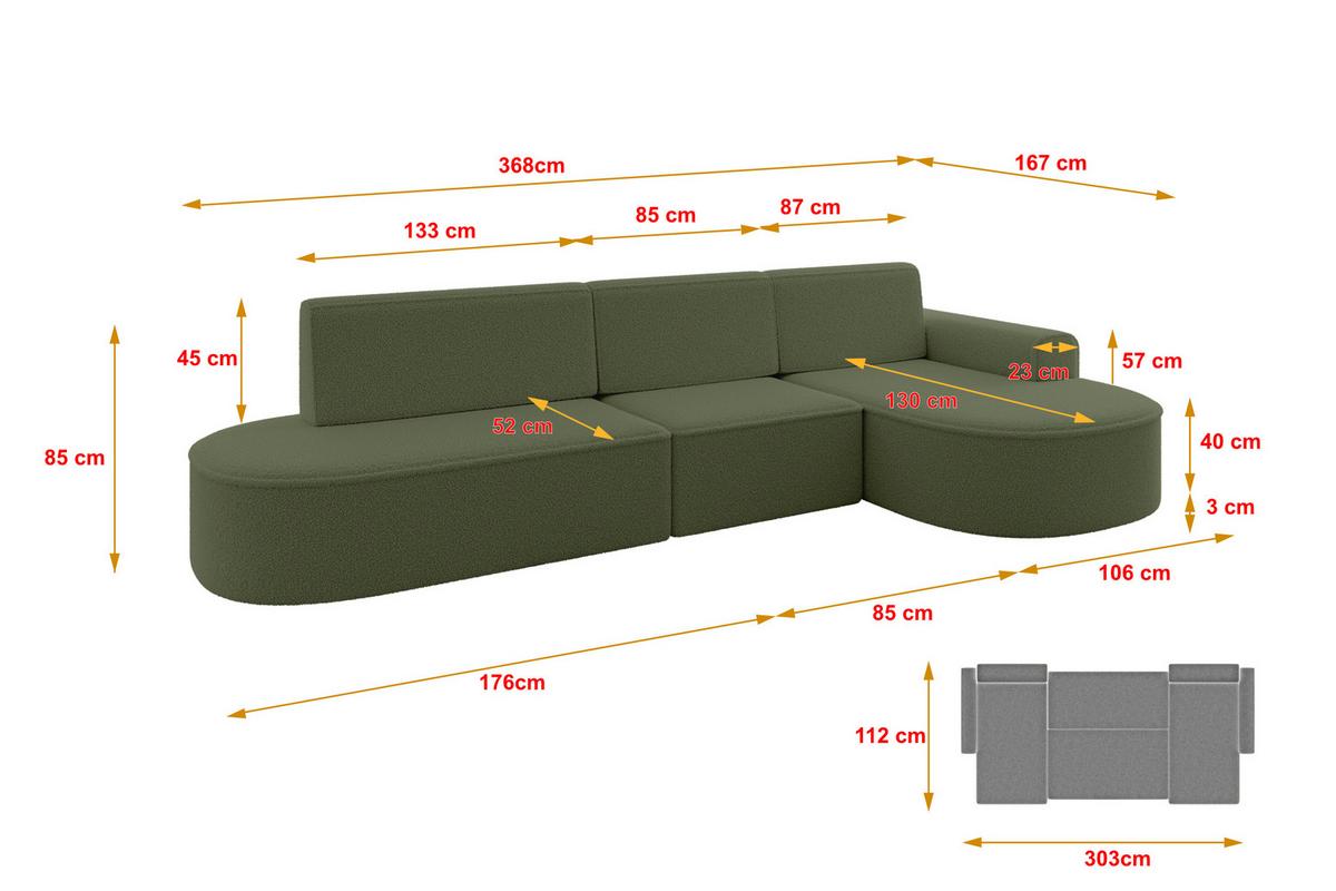 ECKSOFA mit Schlaffunktion Ottomane RECHTS MARI L2-S 368X167X85 Grün Bouclé - Schwarz/Grün, Holzwerkstoff/Kunststoff (167/368cm) - ALTDECOR