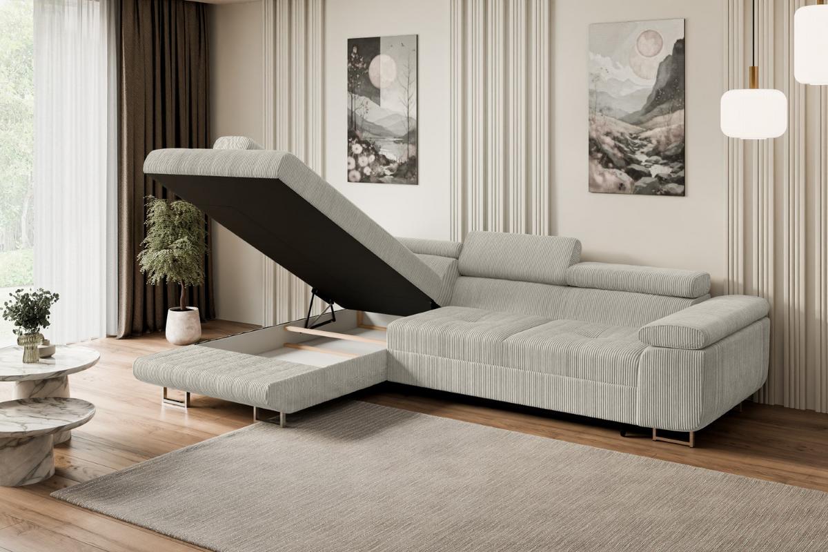 ECKSOFA mit Schlaffunktion und Bettkasten GUSA-L 272x202x107 cm Creme Cord - Silberfarben/Hellgrau, Holzwerkstoff/Textil (202/272cm) - ALTDECOR