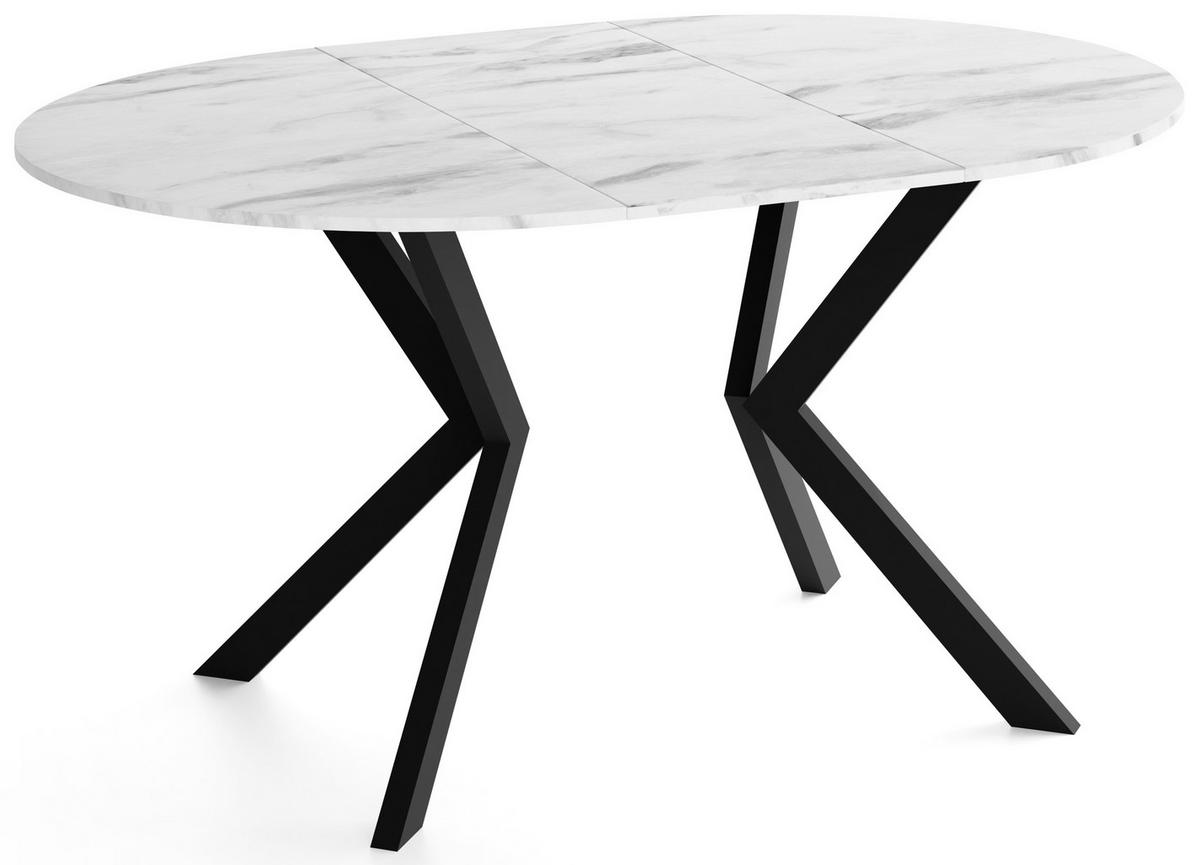 ESSTISCH Valio rund oval ausziehbar verlängerbar mit schwarzen Metallbeinen, Marmor Weiß 100-140/100/76 cm - Ecru/Schwarz, Holzwerkstoff/Metall (100/140/76cm) - WFL GROUP