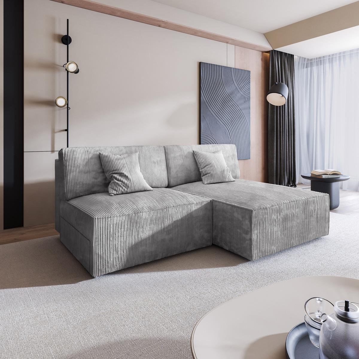 ECKSOFA FIORO P Hellgrau Kordstoff mit Schlaffunktion - Hellgrau/Grau, Holz/Kunststoff (204/148cm) - MASSENO