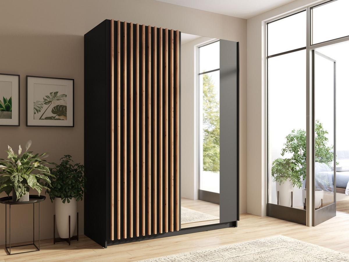 SCHWEBETÜRENSCHRANK MAREN 150,6/198,5/55cm 2-türig mit Spiegel Schwarz - Schwarz/Eiche Artisan, Holzwerkstoff (150.6/198.5/55cm) - MASSENO