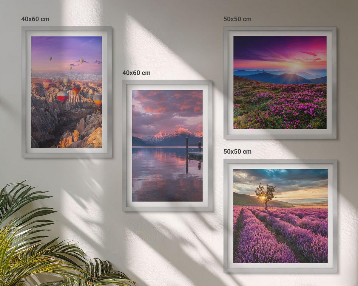 BILDER SET 4er Set - 50x50 cm & 40x60 cm Silberner Rahmen - Sonnenuntergang auf Lavendelfeldern - Silberfarben, Kunststoff (50/50cm) - TULUP