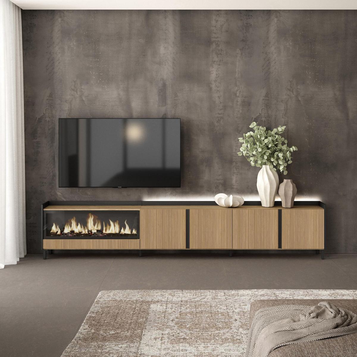 LOWBOARD, Eiche und Schwarz, 315/35/61cm, Elektrokamin XXL, Industriedesign, Led - Eichefarben, Holzwerkstoff (315/61/35cm) - Skraut Home