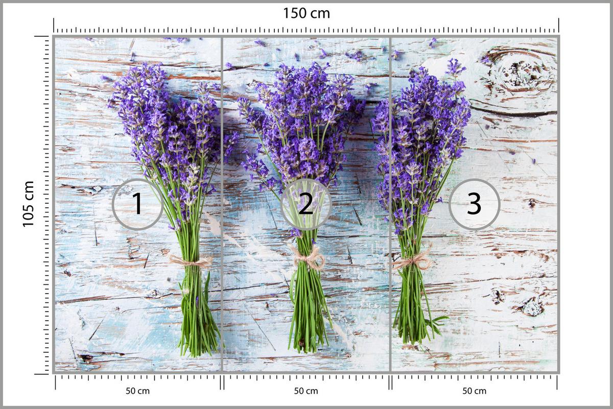 FOTOTAPETE für Küche Lavendelblüten Lila Holz Rustikal 150x105 - Violett/Weiß, Papier (150/105cm) - Muralo